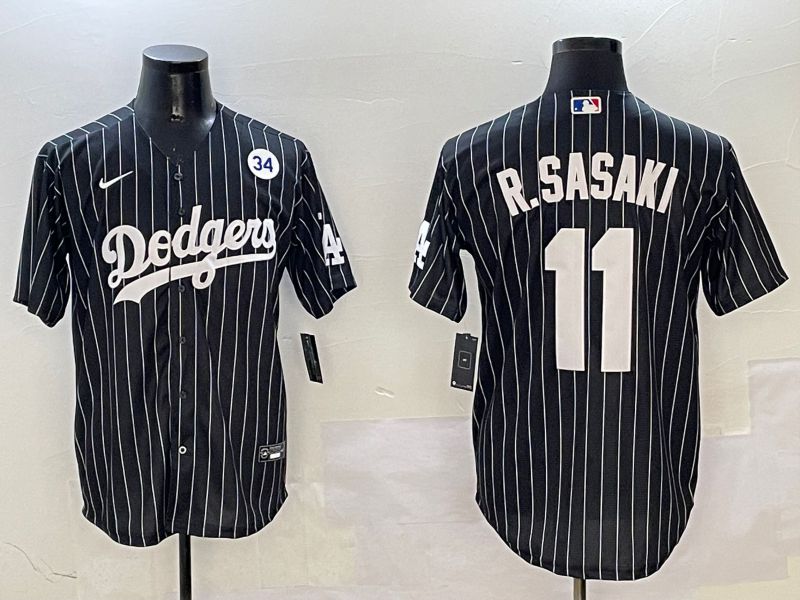 Men Los Angeles Dodgers #11 R.Sasaki Black Stripe Jointly Name 2025 Nike MLB Jersey style 7